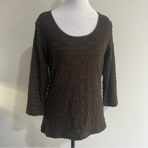 Tribal Brown Textured Crinkle Scoop Neck 3/4 Sleeve Women's Shirt Top Blouse
